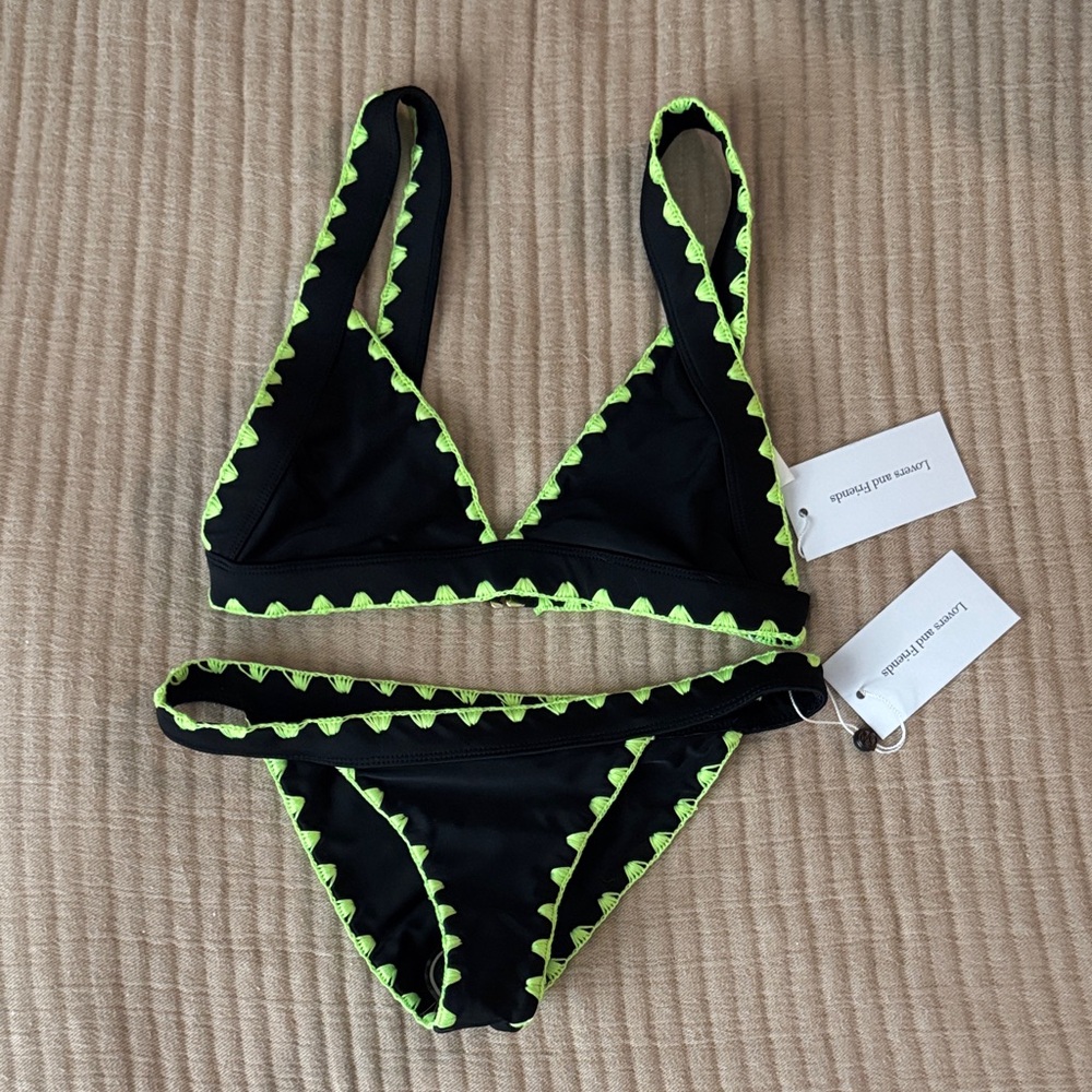 Lovers + Friends Black Bikini TOP with Neon Green Trim